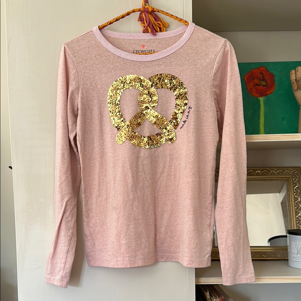 Crewcuts Pink Long Sleeve Shirt with Gold Sequin Pretzel
